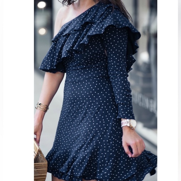 WAYF one shoulder ruffle blue white polka dot mini dress M - Picture 1 of 12
